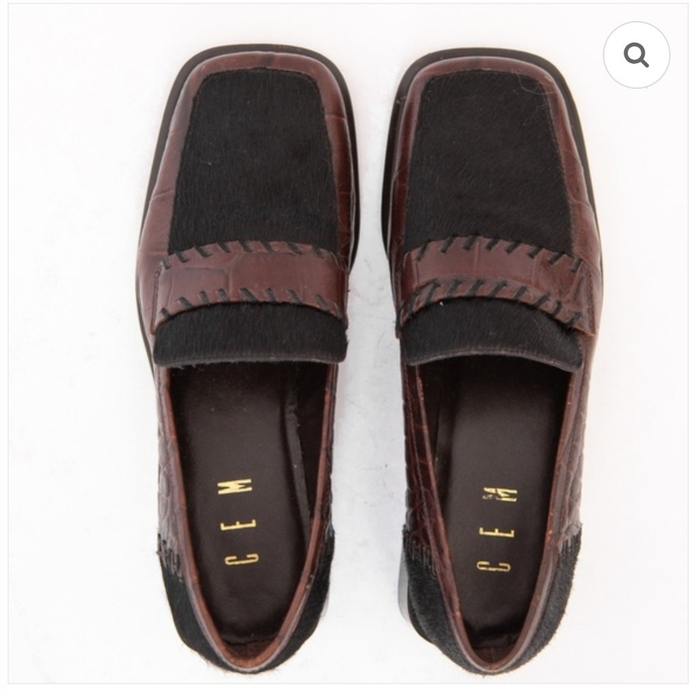 CEM Elegant Brown Leather Loafers with Faux Croc and Calf Hair Square Toe Sz 10M - Picture 4 of 16